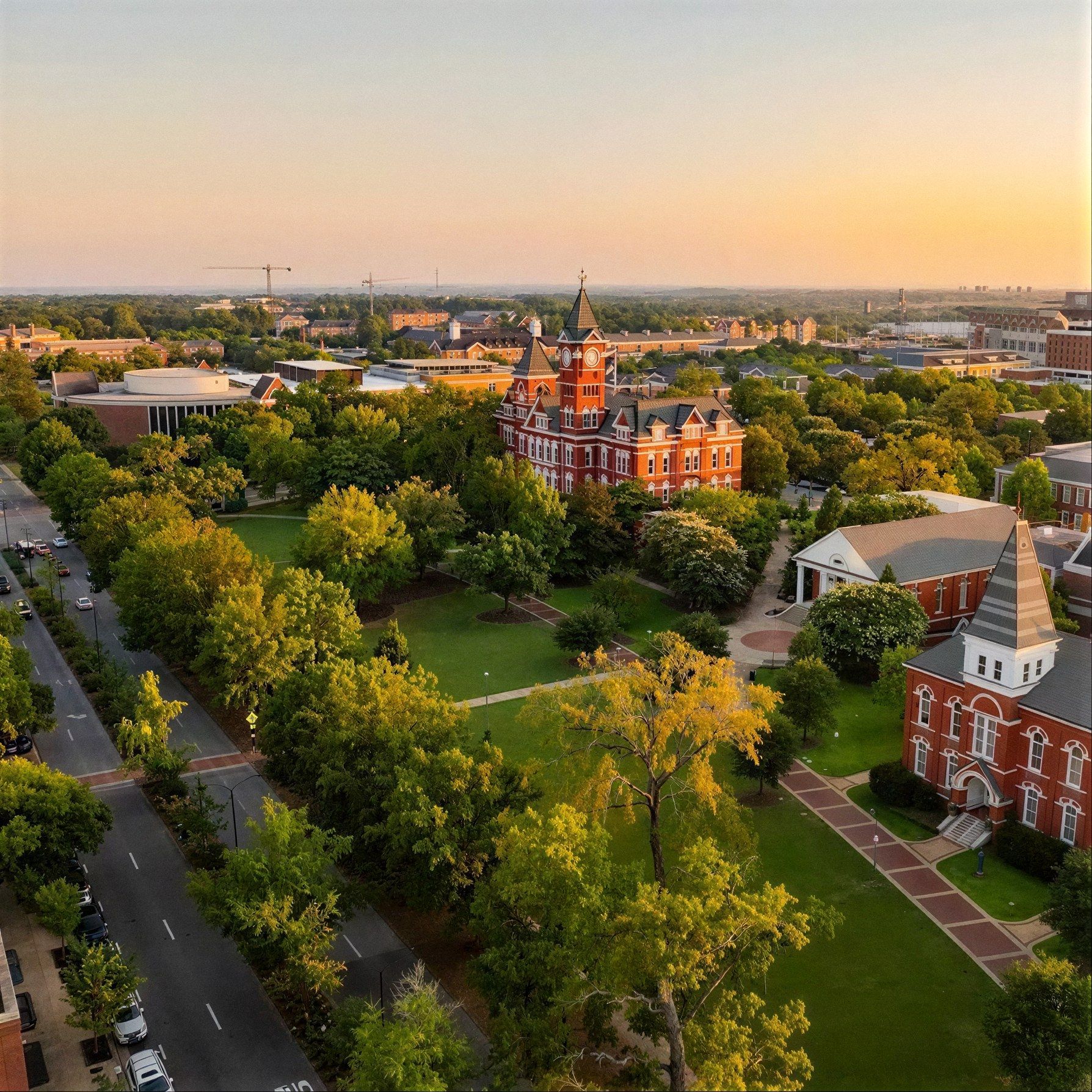 Aerial view of Samford Hall and the Auburn University campus in Auburn, AL at sunset
