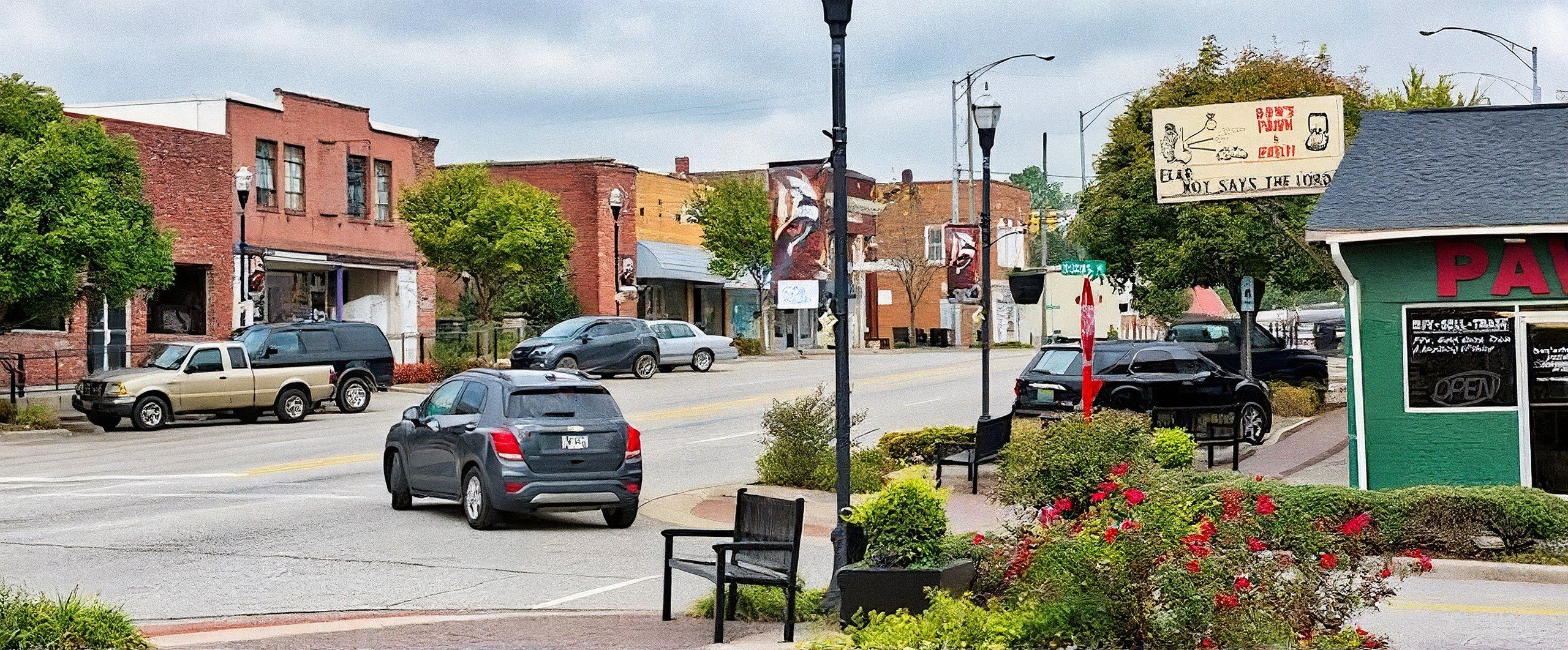 Downtown street and storefronts in Heflin, AL